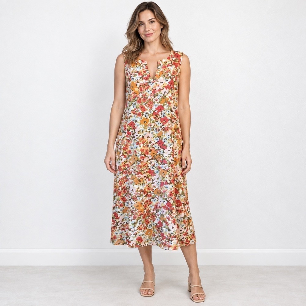 J. Jill Womens 14 Floral Shift Midi Dress Split Neck Rayon Multicolor Sleeveless